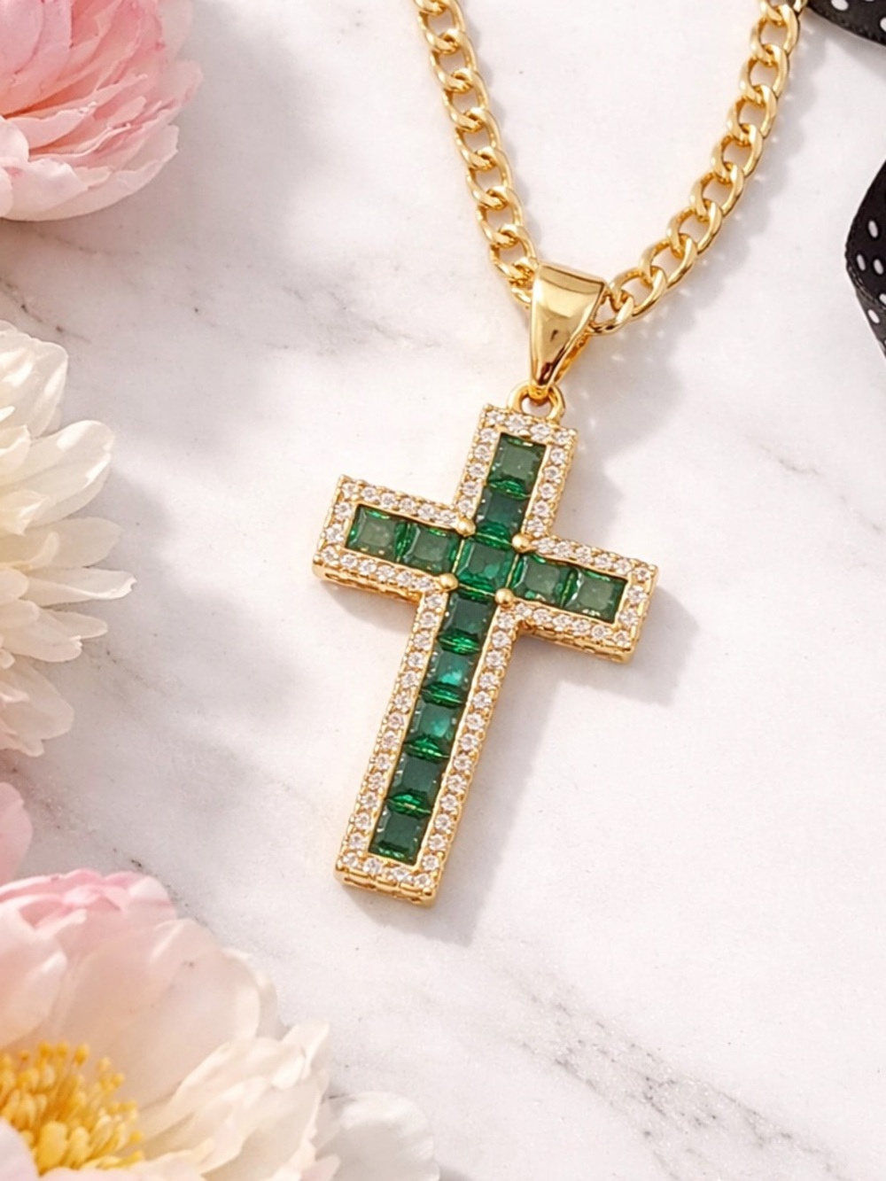 14kt Gold over sterling silver Cross Pendant Necklace with Emerald Green Stones